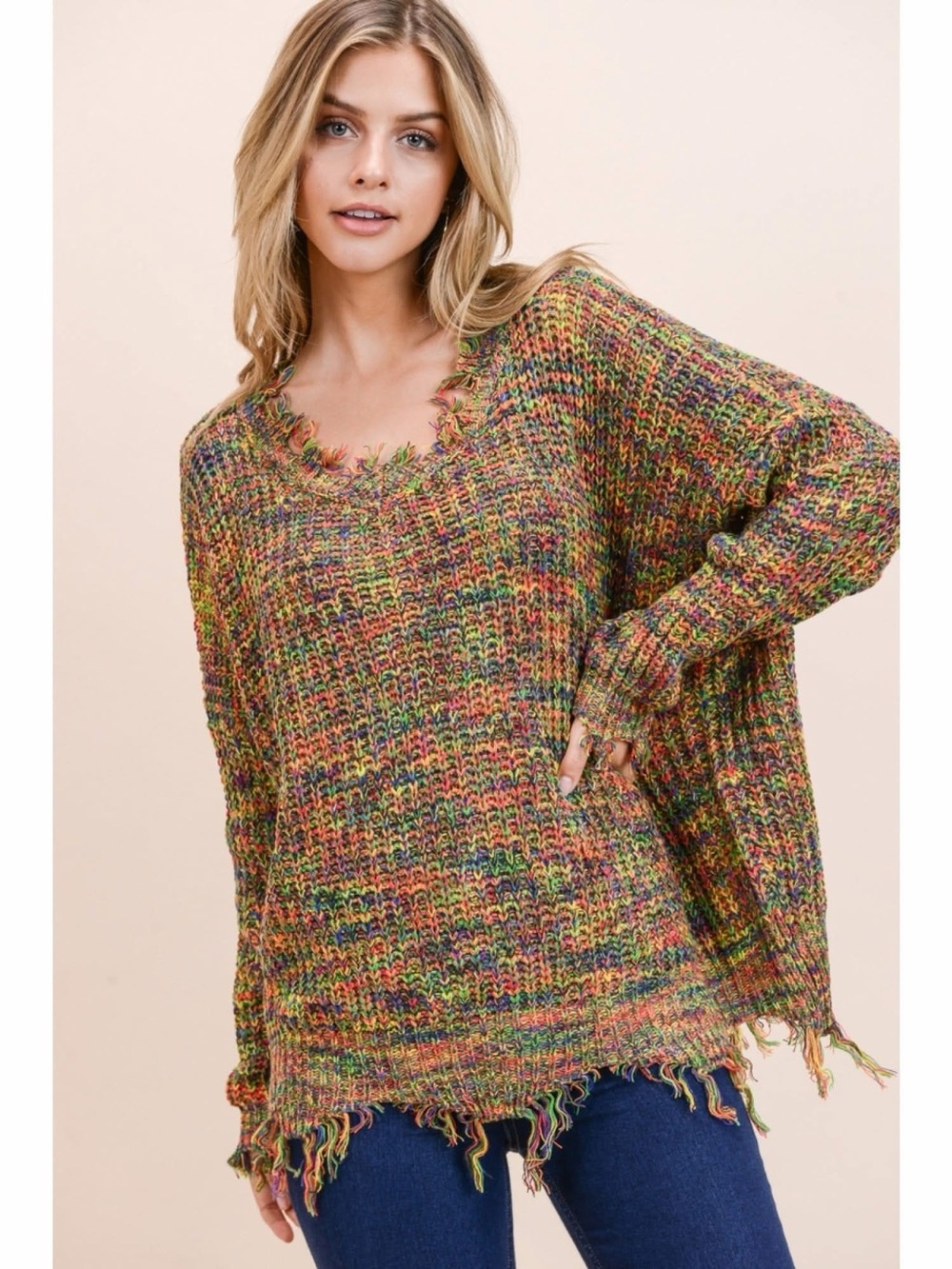 Main Strip Multicolor Chunky Knit Sweater V Neck Fringe Boho Statement